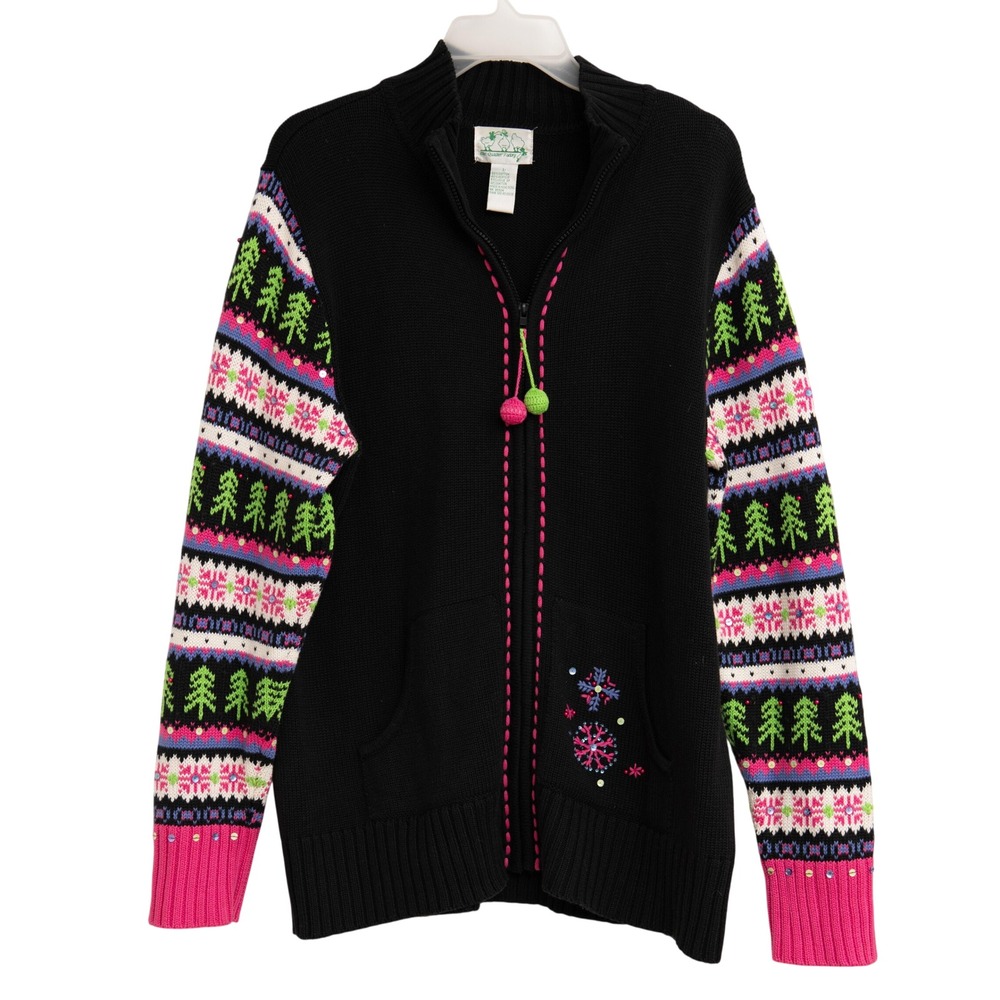 Quacker Factory Christmas Cardigan Sweater Sz L Colorful Fair Isle Artsy Holiday